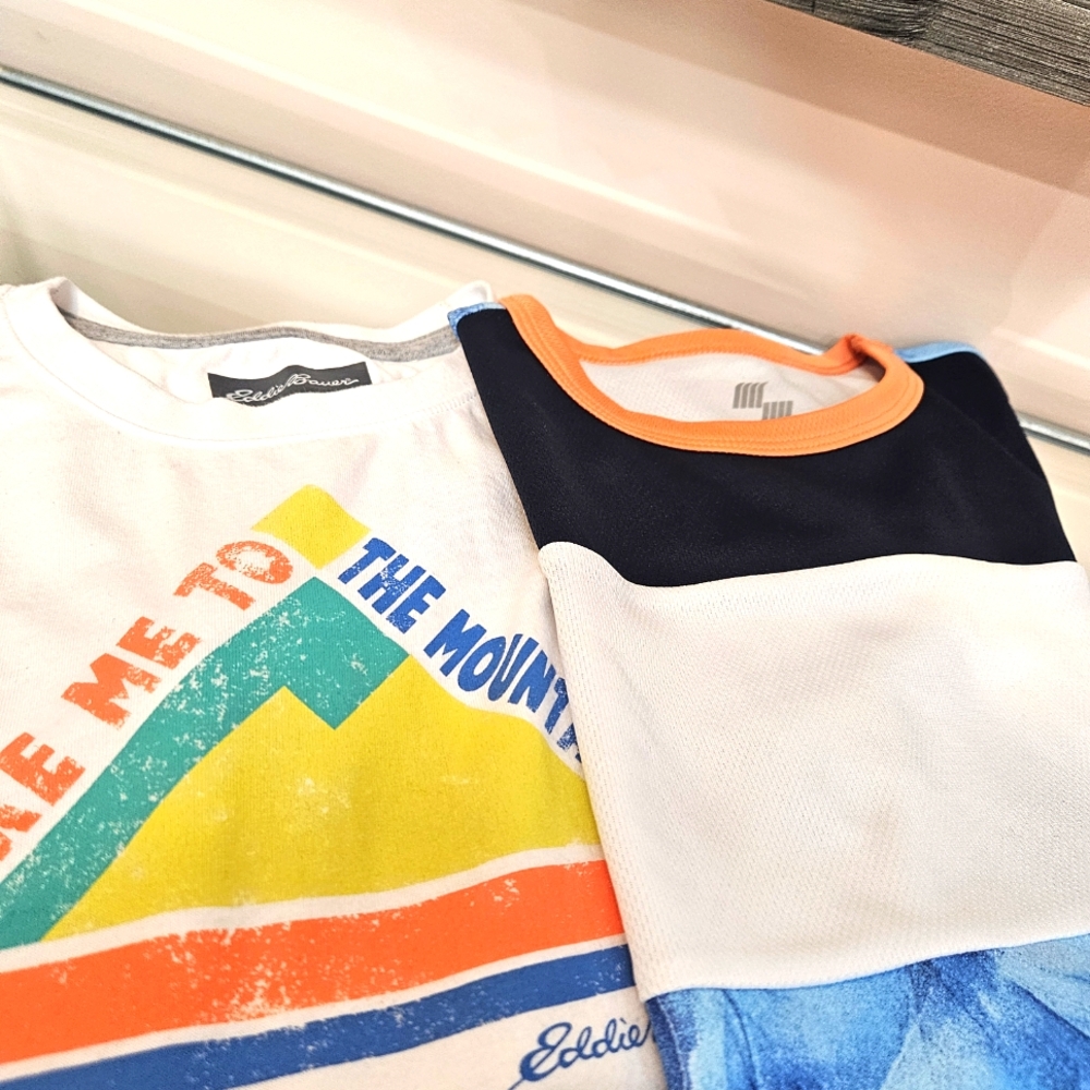 2 Tees- Eddie Bauer And Place Sport White and Blue Short Sleeve Tees